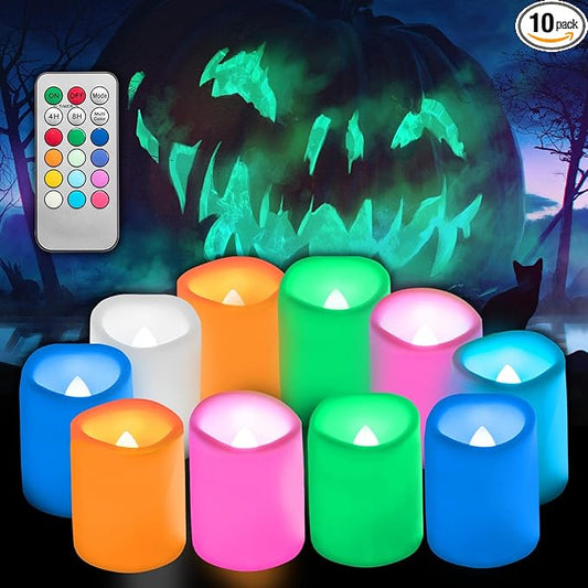 10 PCS Colored Flameless Flickering Remote Control Led Votive Tea Light Timer Candles/Color Changing Battery Operated LED Fake Candle for Outdoor Halloween Pumpkin Light Christmas Decorations