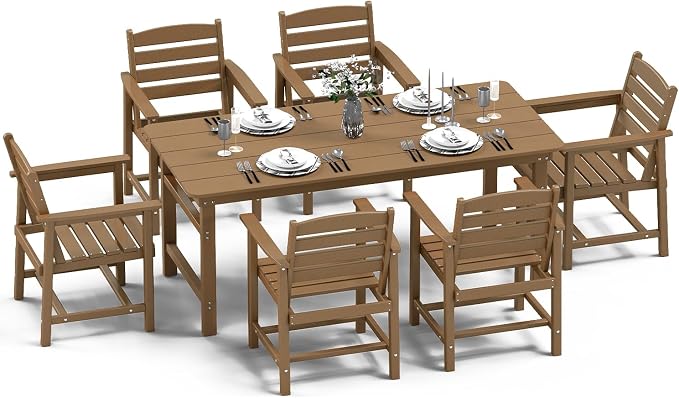 FOOWIN Outdoor HDPE Dining Table Set 7-Piece All Weather Patio Dining Set with Umbrella Hole,Outdoor Patio Furniture Dining Set for 6,Patio Kitchen Table Set for Garden,Backyard,Poolside. Teak