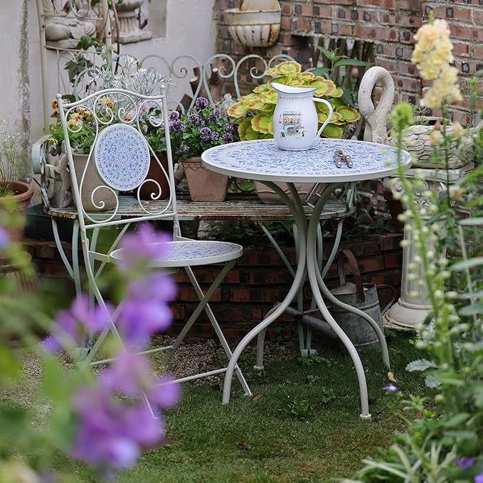 Round Outdoor Side Table Patio Bistro Ceramic Mosaic Patterned Design Tile Top Round Table Outdoor Garden 24 Inch Metal Furniture Dining Table for Yard Balcony Porch Poolside Terrace Blue Flower