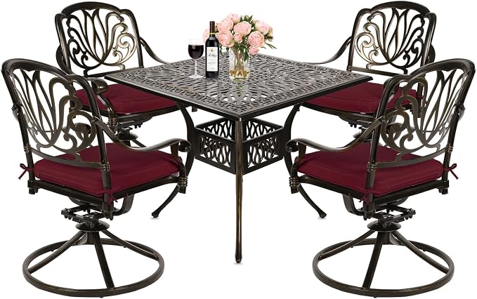 MEETWARM 5-Piece Outdoor Patio Dining Set, All-Weather Cast Aluminum Patio Conversation Set for Backyard Garden Deck with 4 Cushions Swivel Rocker Chairs and 35.4" Square Table, Chili Red