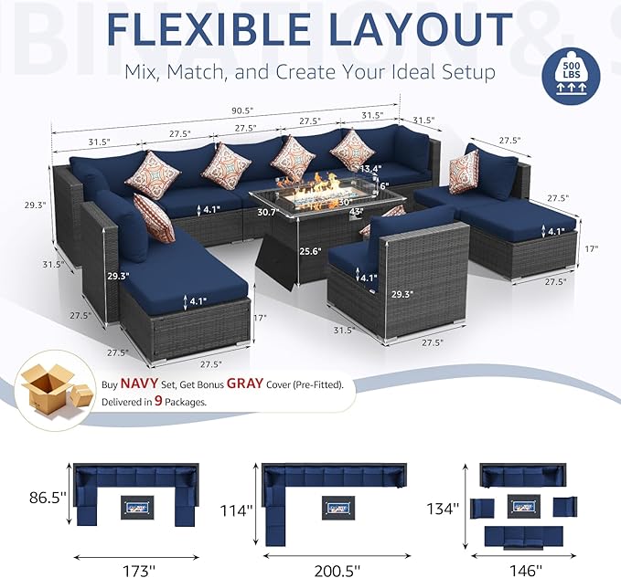 NICESOUL 11 Piece Outdoor Furniture Set with Firepit Table, Luxury 10-Person Patio Sectional Sets, 29.3'' High-Back Backyard Seating Area, All-Weather Rattan Couch Set for Outside, Deck, Grey&Blue