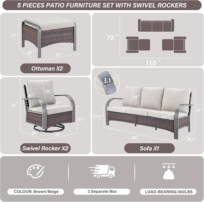 Belord 5-Piece Outdoor Patio Furniture Set All-Weather Wicker Couch with Swivel Rocker Outdoor Chairs and Multi-Functional Ottomans, Patio Conversation Set for Backyard Garden Balcony