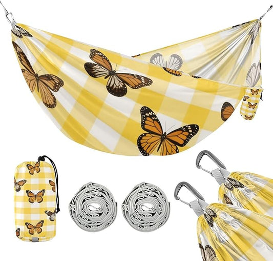 Yellow White Check Plaid Butterfly 330lb Capacity Camping Hammocks with Hanging Rope Indoor Hammock for Indoor Outdoor Patio Base de hamaca para adultos