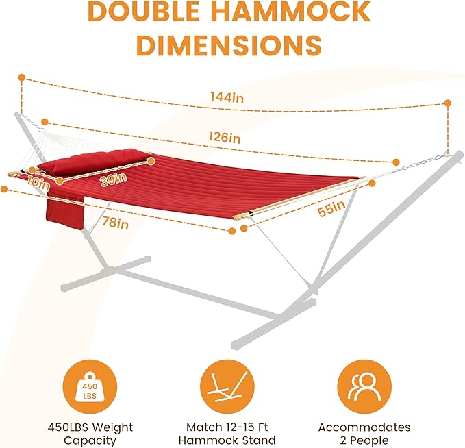 Lazy Daze Hammocks 2 Person Double Quilted Fabric Hammock with Spreader Bar, Detachable Pillow, Side Pocket, Carabiners, Chains, Straps for Outdoor, 450lbs Capacity, Burgundy