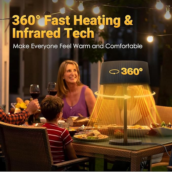 Electric Outdoor Patio Heater, 1500W Tabletop Infrared Heater for Indoor & Outdoor, IP55 Waterproof, Fast Heating, Tip-Over Protection, Perfect for Garden, Balcony, Garage, Porch (black, tabletop)