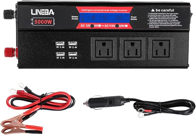 5000 Watt Power Inverter with LED Display, 3 AC Outlets, 4 USB Port, 12V DC to 110V AC Converter Car Power Inverter for Car, RV, Truck, Off Grid Solar System, Camping