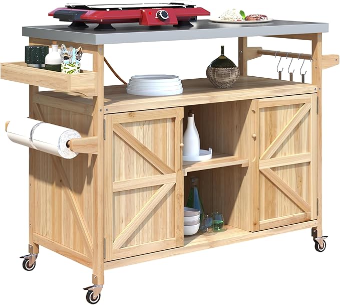 Large Outdoor Rolling Patio Bar Table Cart, Outdoor Kitchen Island Cart Grill Table, Farmhouse Solid Wood Outdoor Serving Cart Prep Table with Stainless Steel Top for Grill/Kitchen, Natural