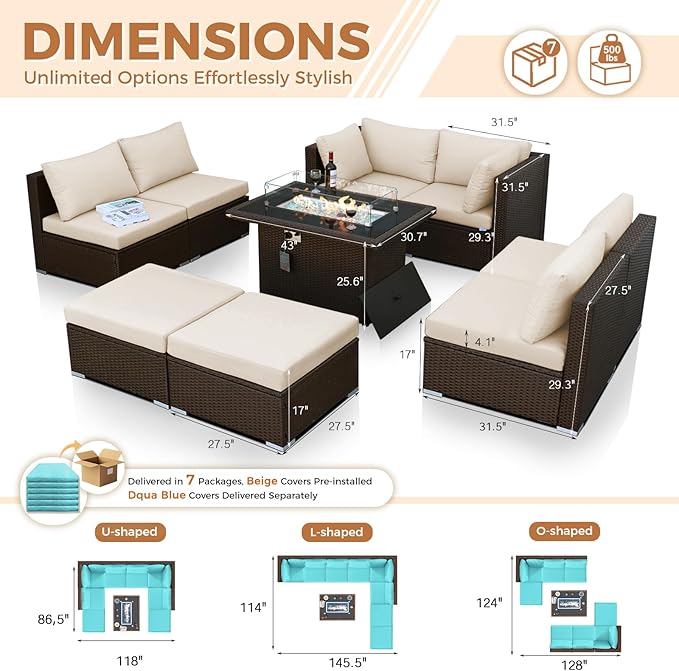 BULEXYARD 9 Piece Highback Patio Furniture Set with Fire Pit Table, Modern Modular Outdoor Sectional Couch Sofa with Ottoman, 8-Person Backyard Seating for Outside, Deck, Brown Wicker & Teal Cushion
