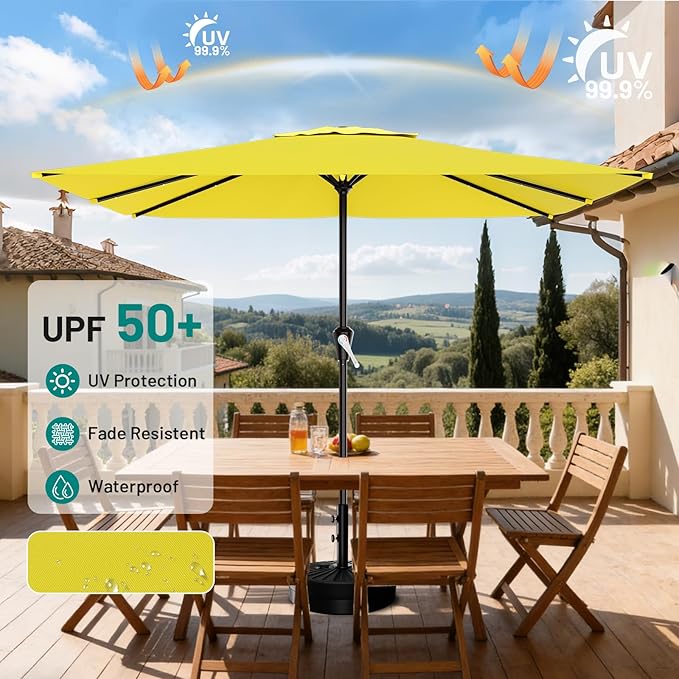 AreShark 8' X 10' Rectangular Patio Umbrella with Solar Lights, Lighted Solar Umbrella with Crank, Outdoor Table Umbrella for Garden, Deck, Backyard, Pool and Beach, Yellow