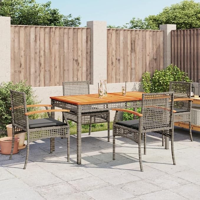 5-Piece Gray PE Rattan Patio Dining Set with Acacia Wood Table | Includes four chairs with dark gray padded cushions, designed for backyard, garden, or porch dining.