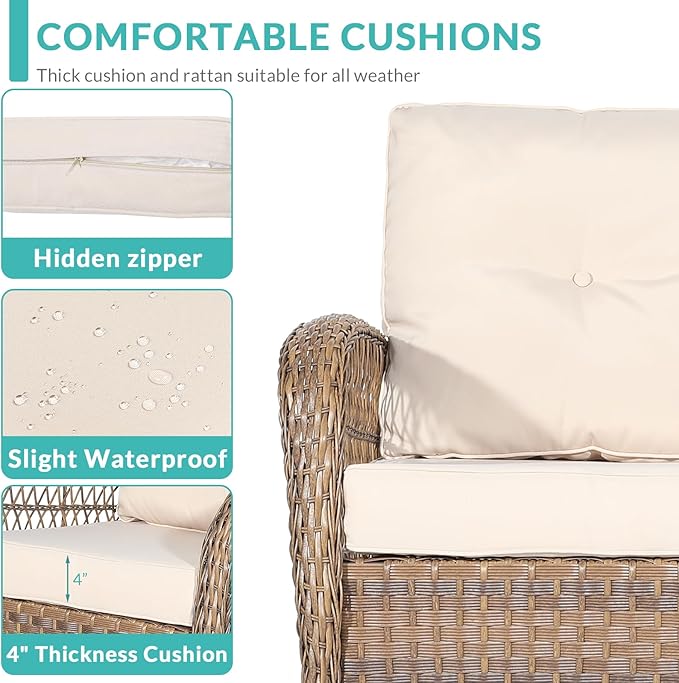 MEETWARM 4-Piece Outdoor Patio Wicker Conversation Set with Glider Loveseat, 2 Chairs, Coffee Table & Rocking Chair - Thickened Cushions