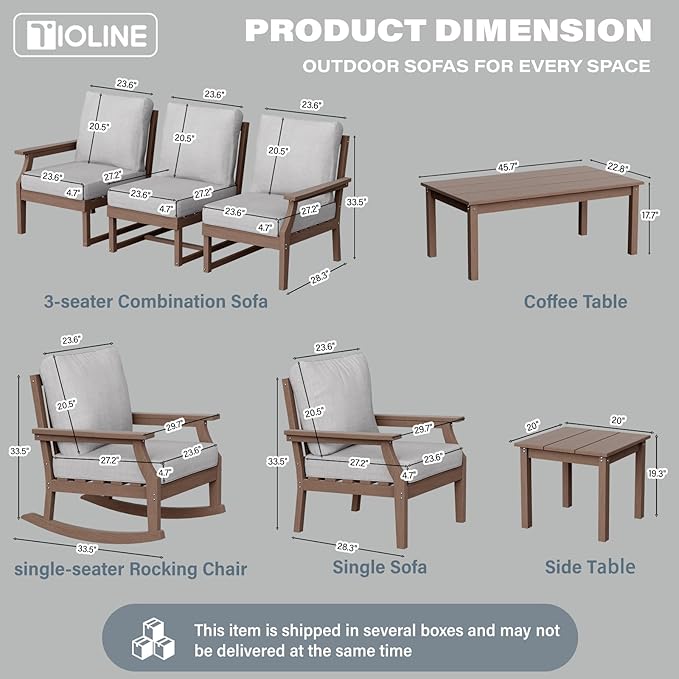 HDPE Patio Conversation Set, 7-Piece All Weather Outdoor Furniture Set with 1 Single Rocking Armchairs for Deck, Lawn, with Cushion, Brown