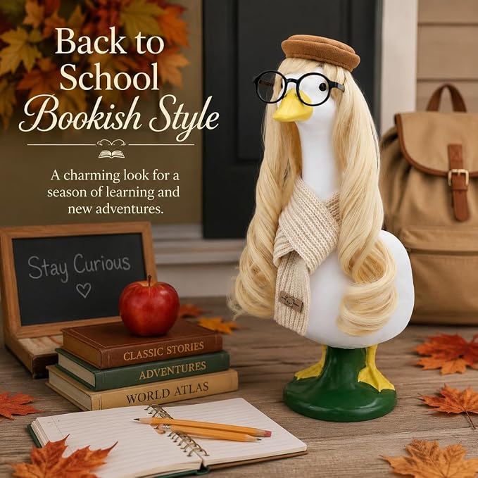 Back to School Bookish Porch Goose Outfit with Goose Blonde Wig 1 Pack Fall Academia Preppy Porch Goose Accessories for 17" & 23" Lawn Goose Statues