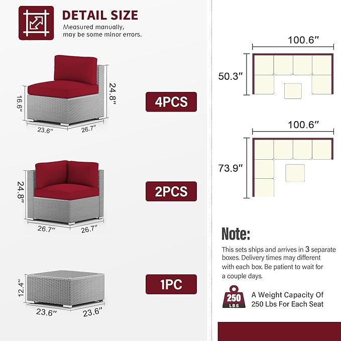 SUNCROWN 7-Piece Patio Furniture Set with Coffee Table and Soft Cushions, Outdoor Sectional Sofa Grey Wicker Conversation Sofa Set, Red