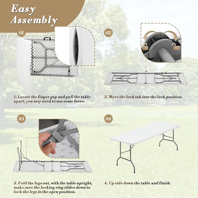 Athena Collection 8ft Folding Table, Lightweight Portable Desk with Handle, Square Foldable Plastic Table for Card Games, Collapsible Dining, Indoor Outdoor Camping Picnic & Party Use, White