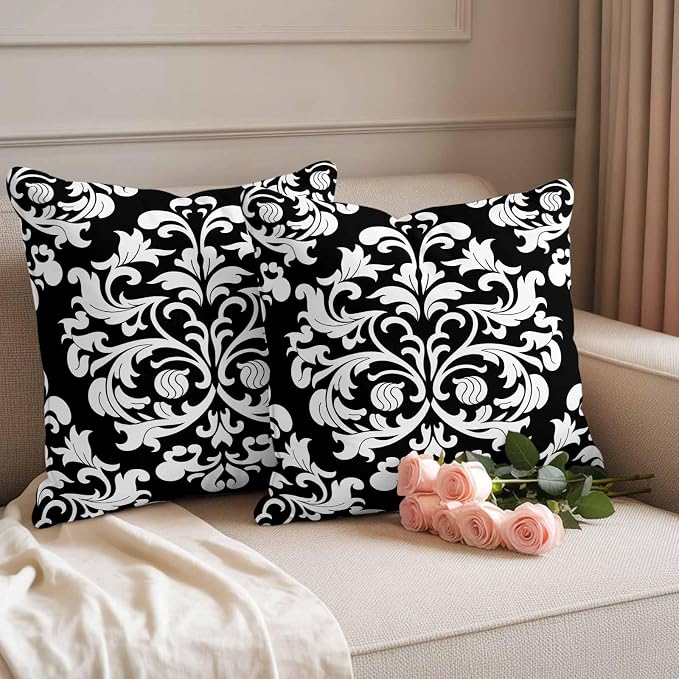 Outdoor Pillow Covers Set of 2, Aesthetic Boho Black White Floral Decorative Throw Pillow Covers 18X18IN, Abstract Minimalist Art Throw Pillows Protector Cushion Case for Patio,Couch,Sofa,Garden