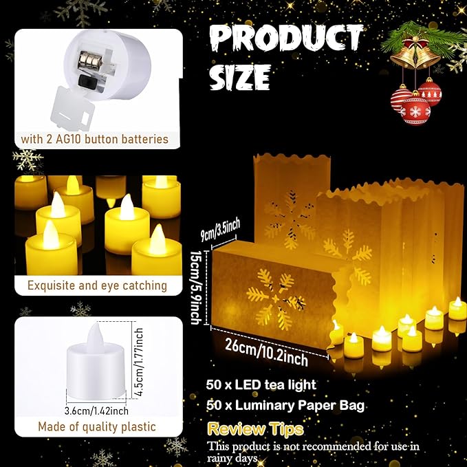 Sabary 50 Sets Luminary Bags with Flameless Tea Lights Outdoor Luminaries LED Lantern Candle Bags for Wedding Birthday Ramadan Christmas Party Decorations Romantic Decor(Snowflake)