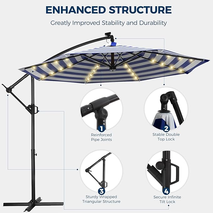 HOMSHADE 10ft Solar Lights Offset Cantilever Patio Umbrella - with Light and Base, LED Offset Patio Outdoor Umbrella UPF50+ UV Protection with Easy Tilt and Crank (Navy&White Stripes)