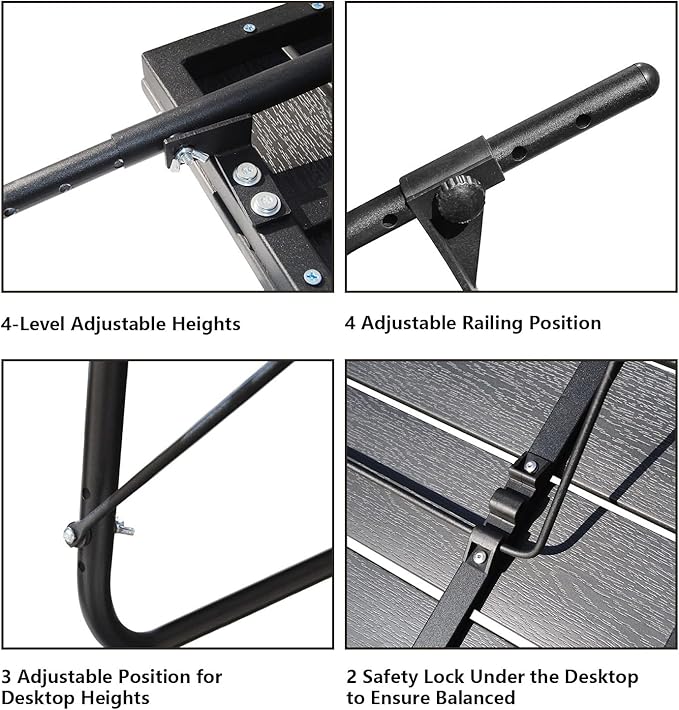 Balcony Railing Table Hanging Folding Deck Railing Table Outdoor Balcony Bar Tables for Railings Hanging Patio Adjustable Aluminium 23.6"(L) x 15.7"(W) All Weather Black