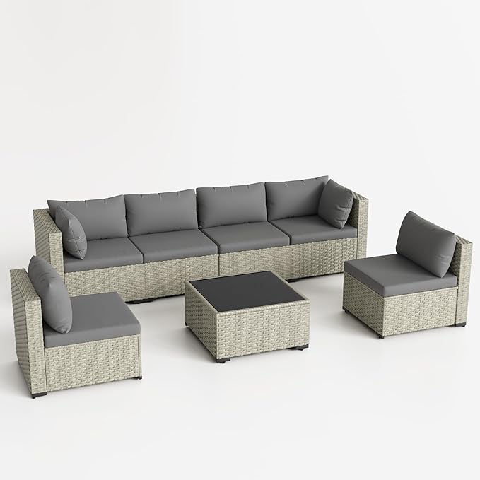 Patio Furniture Set, 7-Piece Outdoor Sectional All-Weather Wicker Patio Conversation Set for Backyard (Grey Cushions with Grey Rattan)