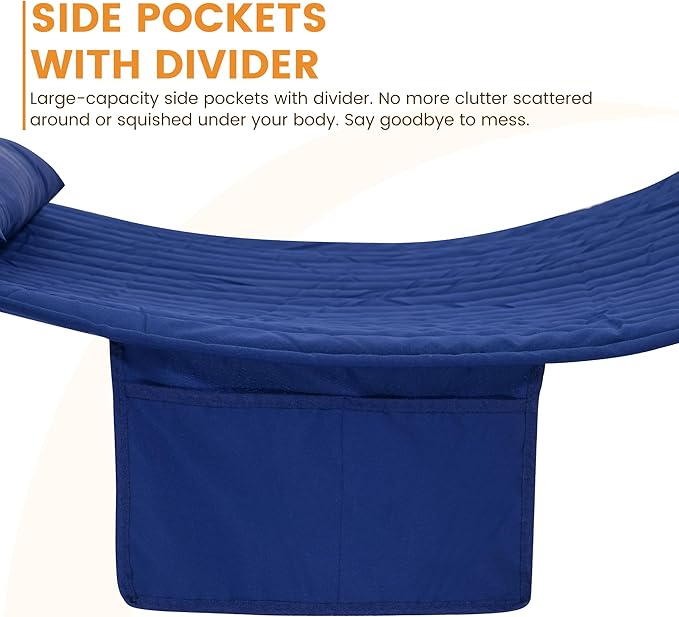 Lazy Daze Hammocks 2 Person Double Quilted Fabric Hammock with Spreader Bar, Detachable Pillow, Side Pocket, Carabiners, Chains, Straps for Outdoor, 450lbs Capacity, Navy Blue