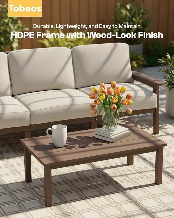 HDPE Patio Furniture Set 8 Seats, Outdoor Couch with Washable Thick Beige Cushions & Side Table, Outdoor Sectional Furniture for Backyard, Deck, Lawn, Porch (Brown Frame)