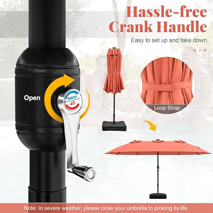 Tangkula 15FT Double-Sided Solar Patio Umbrella, Extra-Large Outdoor Twin Umbrella with 48 LED Lights, Vented Top, Crank Handle, 12 Ribs, Weighted Base Included for Backyard Poolside Deck (Orange)