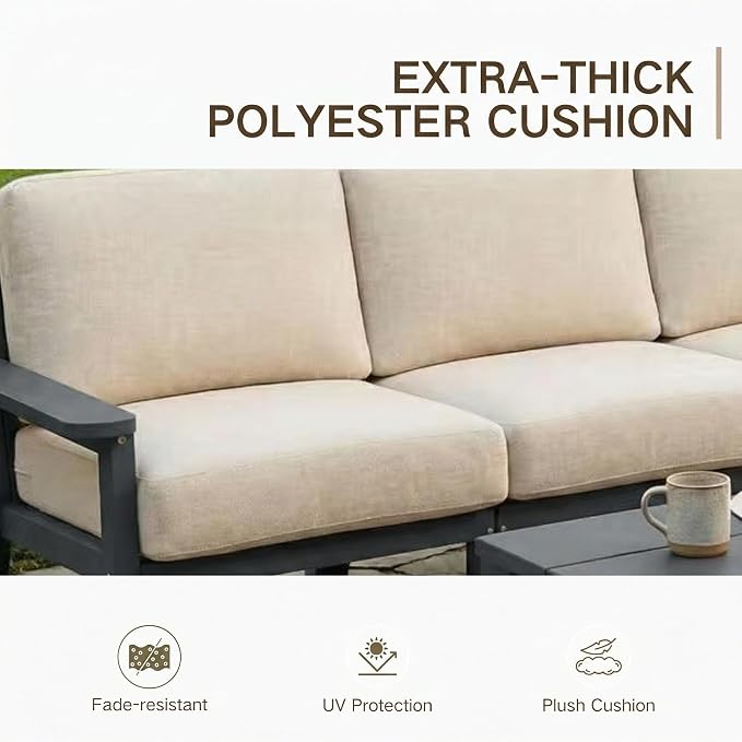 Kingdura HDPE Patio Furniture Set, 9 Piece Outdoor Sectional Sofa with Coffee Table, All Weather Outdoor Couch Conversation Set with Washable Cushions for Backyard Poolside Balcony