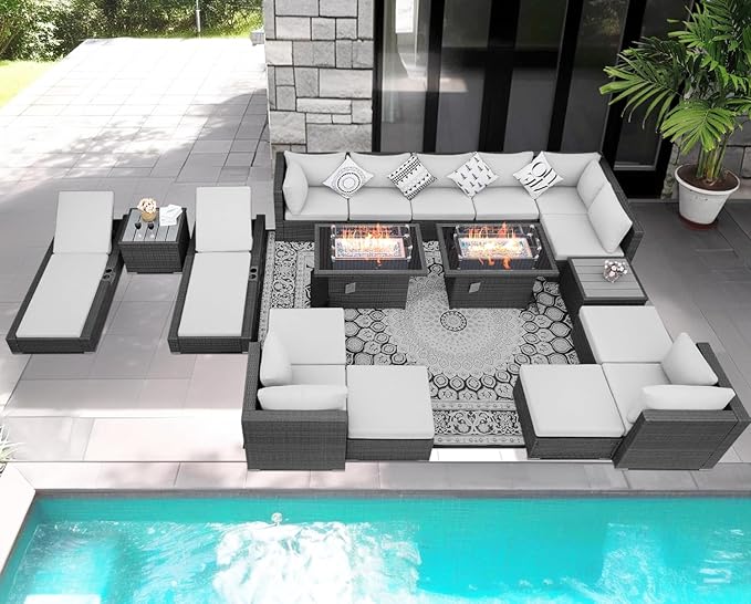 NICESOUL 18 Piece Extra Large Luxury Patio Furniture Set with Firepit, Outdoor Sectional w/Chaise Lounge, Comfy 29.3" High Back Couch Deep Seat, All-Weather Wicker Conversation Set, Light Gray