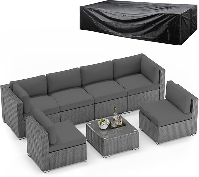 SUNCROWN Outdoor Patio Furniture Set 7 Piece Outdoor Sectional Sofa Grey Wicker Conversation Sofa Set with Cushions, Coffee Table, and Waterproof Cover, Dark Grey