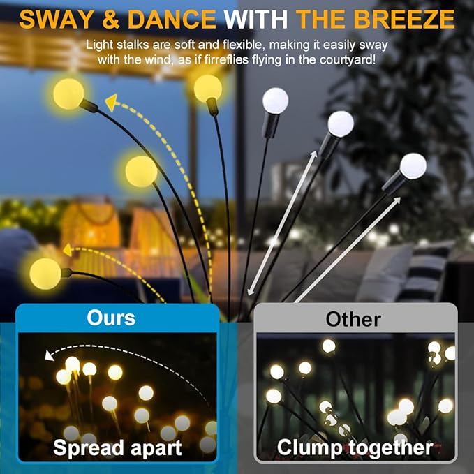 Solar Garden Lights, 𝐔𝐩𝐠𝐫𝐚𝐝𝐞𝐝 Solar Swaying Lights，Landscape Path Lights Outdoor Waterproof, Solar Powered Firefly Outdoor Lights for Yard Patio Decoration, Warm White(2 Pack)