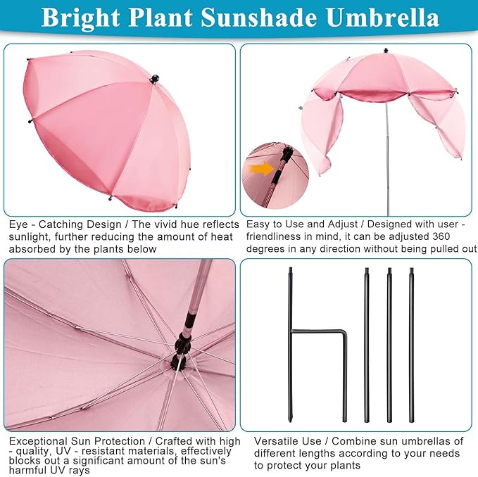 Voccos Upgraded Plant Umbrellas for Outdoor Plants 50" Tall 26" Canopy Adjustable Angle Garden Bed Shade Cover with Sturdy Metal Stake & UV Protection Plant Cover for Potted Plants Flower Pot