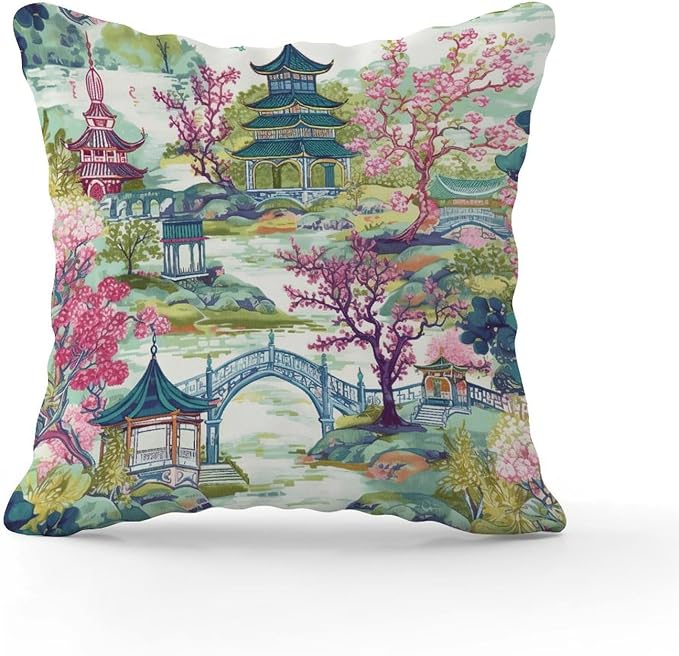 Chinoiserie Pagoda White Coral Blue Asian Pillow Cover Chinoiserie Chic Asian Pillows 20x20 INRetro Accent Throw Pillow Covers Farmhouse Decorative for Patio Funiture Garden