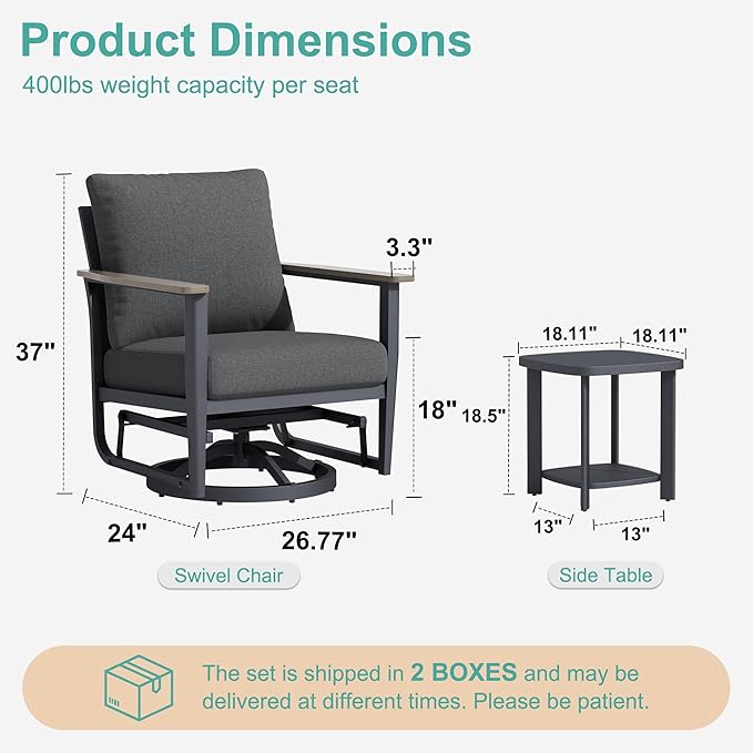 6-Piece Aluminum Patio Rocking Swivel Chair Outdoor Bistro Set, Patio Conversation Set Outdoor Patio Furniture Set with High Backrest & Thickened Cushions for Garden, Deck and Balcony, Dark Grey