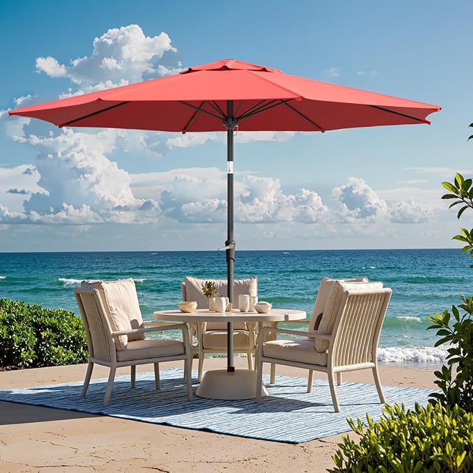 Outdoor Patio Umbrella with One Push Button Tilt and Crank, 8 Sturdy Ribs Market Table Umbrella