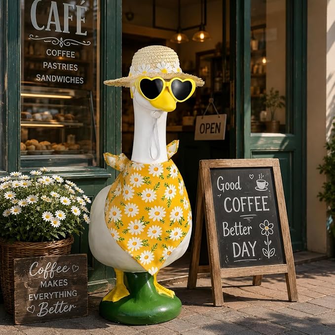 Summer Daisy Porch Goose Outfit Set, Straw Sun Hat Heart Sunglasses Yellow Daisy Bandana, Fits 23 Inch Lawn Goose Statue, Holiday Decor Outfit, Outdoor Garden Yard Goose Decor.