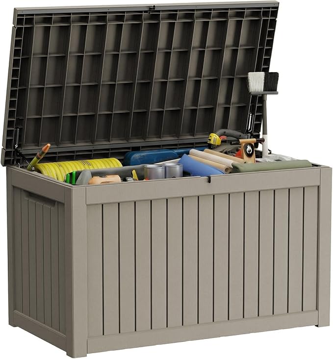 280 Gallon Outdoor Storage Deck Box Waterproof Resin Lockable Outside Bench Porch Patio Furniture Pool Float Garden Tool Cushion UV Resistant Bin Beige