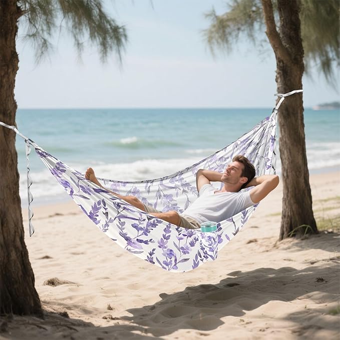 Camping Hammock Outdoor Hammocks for Outside Lavender Watercolor Floral Beach Trees Portable Lightweight with Pockets Tree Straps Indoor