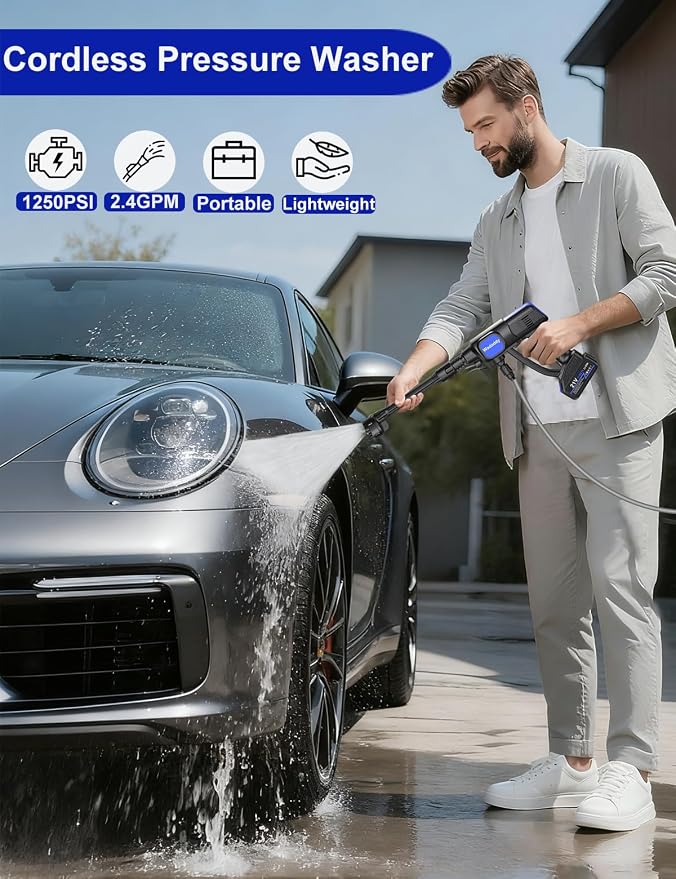 Cordless Power Cleaner, 1250 PSI Portable Battery Powered Cleaning Tool with Brushless Motor, Self-Priming System & Lightweight Design for Cars, RVs, Patios, Fences, Garden & Camping