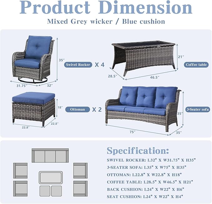 Belord Wicker Patio Furniture Sets - 8 Piece Outdoor Furniture Rattan Conversation Sets with 4 Swivel Rocker Chairs, Rattan Sofa, Wicker Ottomans and Coffee Table, Mixed Grey/Blue