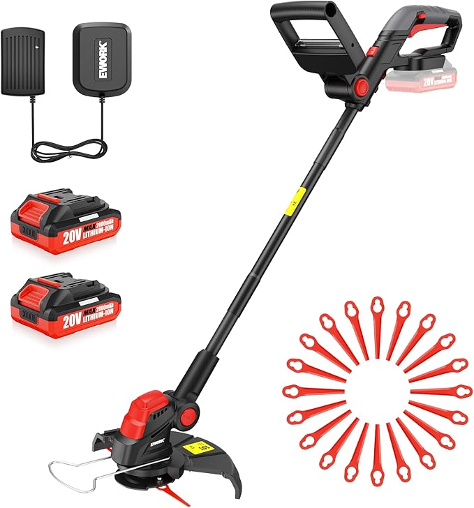 EWORK 20V Weed Wacker Cordless, Upgraded Cutter Blade, Weed Eater Battery Powered with 2×2.0Ah Batteries & Fast Charger, 10-Inch 2-in-1 Electric Grass Trimmer for Edger, Lawn, Garden