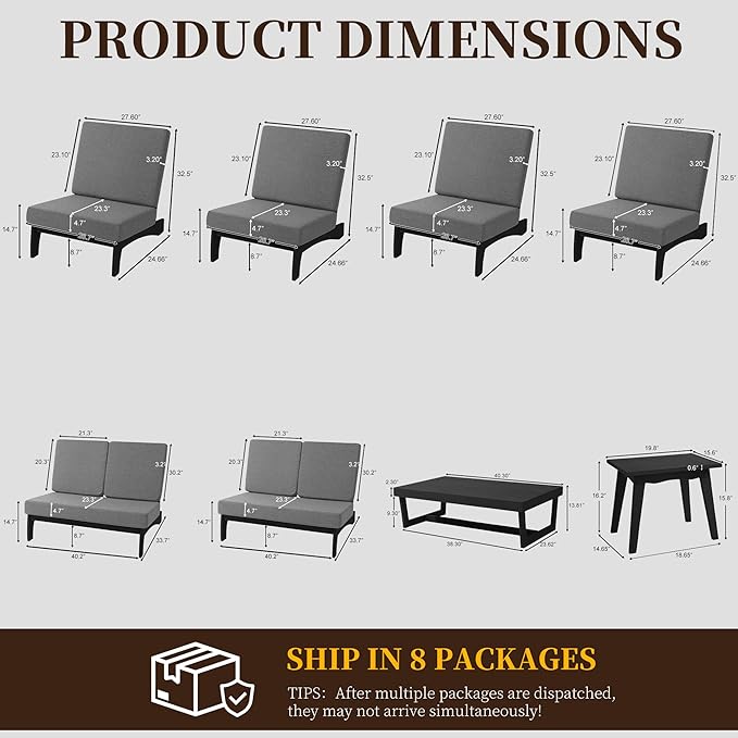 UIXE 8 Pieces All Weather Black Wood Patio Furniture Sets, 2 Patio Loveseat, 4 Patio Bistro Chair, Outdoor Sectional Sofa Furniture Backyard Conversation Set with Coffee Table - Gray