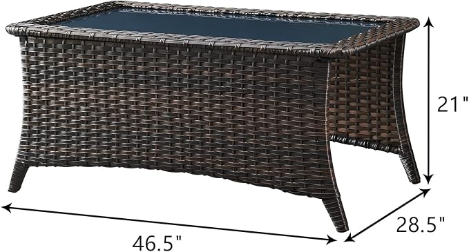 Patio Table Outdoor Coffee Tables - Rattan Wicker Coffee Table with Glass Top and 2-Tier Storage Shelf Rectangle for Outdoor Patio Porch Deck Balcony Garden(Brown/Glass Top)
