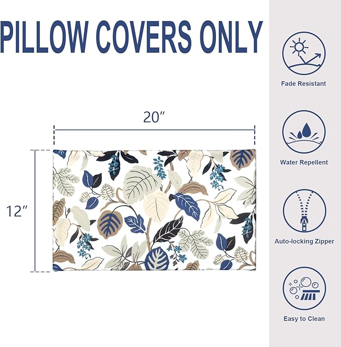 Pack of 2 Outdoor Lumbar Pillow Covers, All Weather Cushion Pillow Cases 12x20 Inch, Pillowcase for Patio Couch Decoration, Breeze Leaves Beige