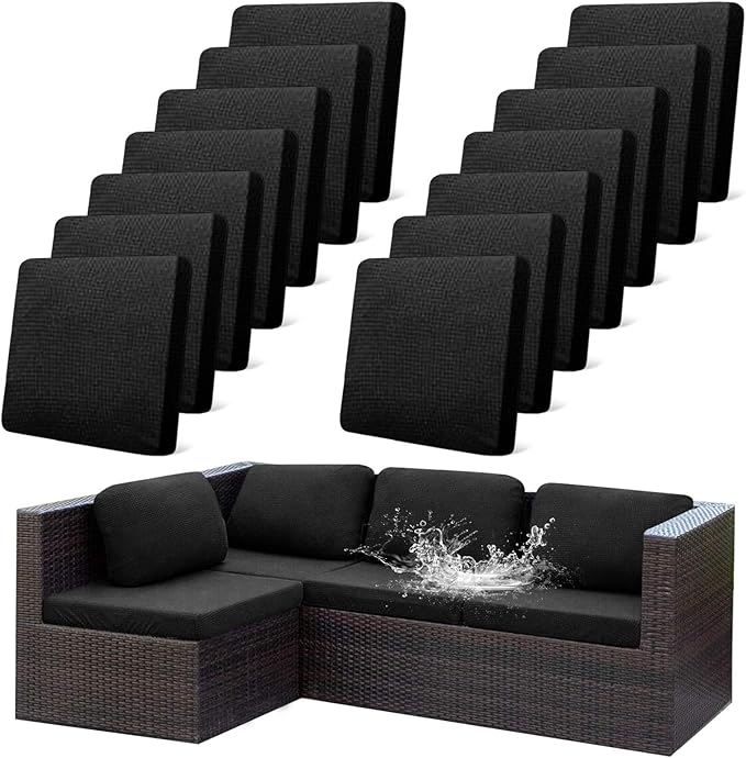 CALBODE 14Pcs Outdoor Stretch Cushion Covers,Waterproof Outdoor Chair Cushion Covers for Patio Furniture, Washable Jacquard Couch Covers Replacement for Patio Furniture(Black, Cover Only)
