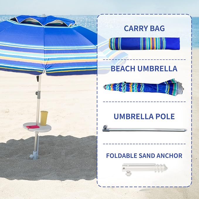 AMMSUN 7ft Heavy Duty High Wind Beach Umbrella Parasols with Sand Anchor Vent Tilt UPF 50+ Sun Protection Portable Outdoor Sunshade Umbrellas Carry Bag for Patio Garden Pool Backyard Blue