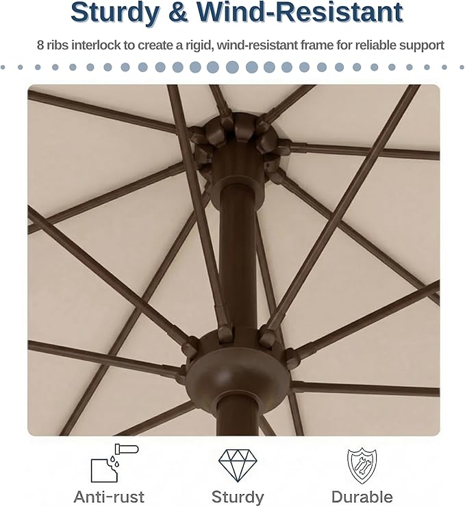PatioKingdom 9FT Patio Outdoor Umbrella-UPF 50+ Sun Shade with Wind Vent, Push-Button Tilt & Smooth Crank Lift, Rust-Resistant Fiberglass Frame for Garden, Backyard,Yard (Beige)