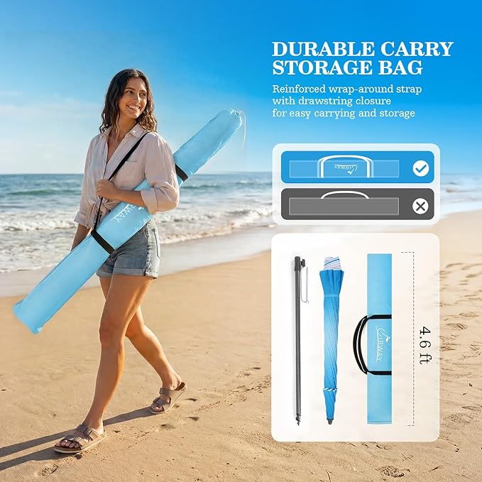 UIRWAY Beach Umbrella, Heavy Duty Windproof Beach Umbrellas with Sand Anchor & Tilt, Sun Protection Portable Beach Umbrella with Carrying Bag for Beach, Patio Garden Pool Outdoor