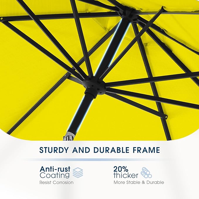 wikiwiki 9 FT Patio Umbrellas Outdoor Table Market Umbrella with Push Button Tilt/Crank, 8 Sturdy Ribs, Fade Resistant Waterproof POLYESTER DTY Canopy for Garden, Lawn, Deck, Backyard & Pool, Yellow