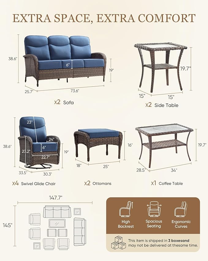 Belord Upgraded 6“ Cushion Luxury 11 Piece Patio Furniture Set - Wicker Outdoor Conversation Set with Swivel Rocker Patio Chairs, High Back Outdoor Furniture for Deck Porch Yard - Brown/Blue